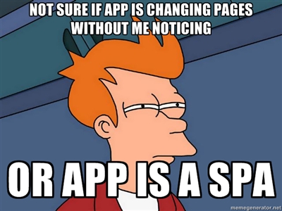 Fry from futurama squinting with the text Not sure if app is changing pages without me noticing or app is a SPA