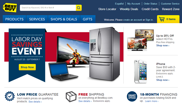 Best Buy website with a hero image that reads Labor Day Savings Event with images of a couple on sale items