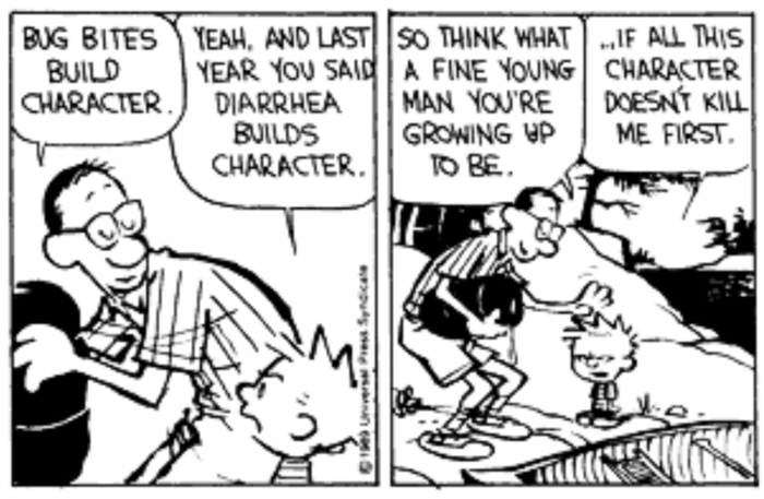 Cartoon: Dad, Bug bites build character. Calvin, Yeah and last year you said diarrhea builds character. Dad, So think what a fine young man you're growing up to be. Calvin, If all this character doesn't kill me first.