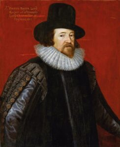 Portrait of Francis Bacon with a ruff collar, top hat and goatee